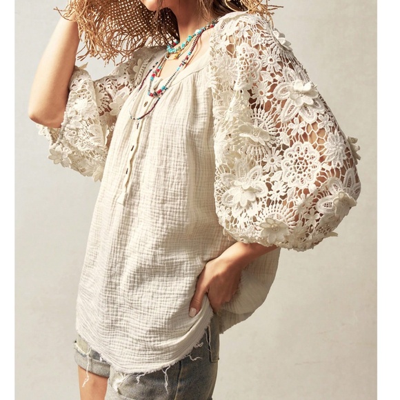 Boho Cotton Floral Embroidered Semi Sheer Puff Sleeve Blouse - Picture 4 of 8